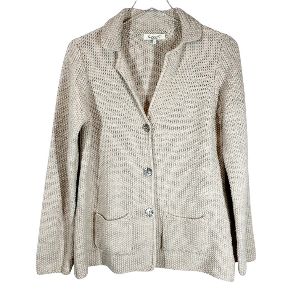 COCOGIO Women's Medium Oatmeal Textured Wool Blend Italian Sweater Cardigan